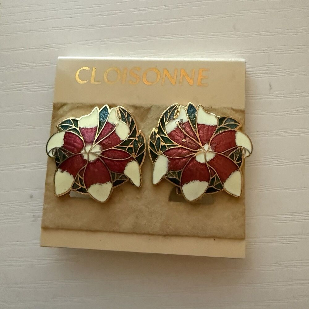 Vintage Cloisonne Colorful Red Enamel Floral Holiday Earrings Clip On